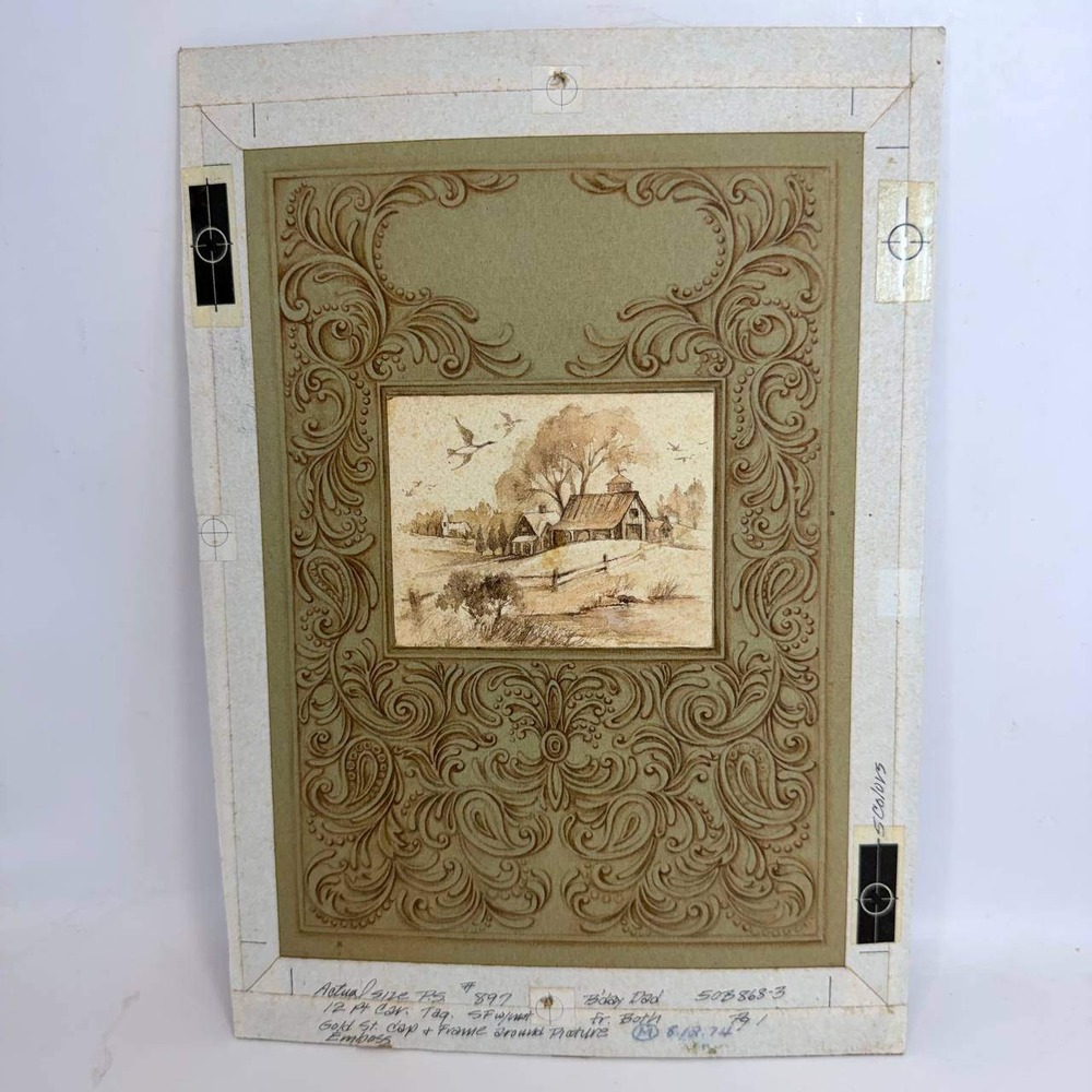 Vintage 1974 Greeting Card Production Art Mockup Farmhouse Scene Embossed 9.5x7